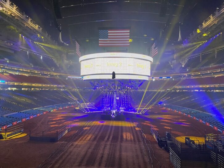 Setting up the NRG Stadium rodeo ring for lights, cameras and additional loudspeakers. PHOTO: Courtesy of RodeoHouston