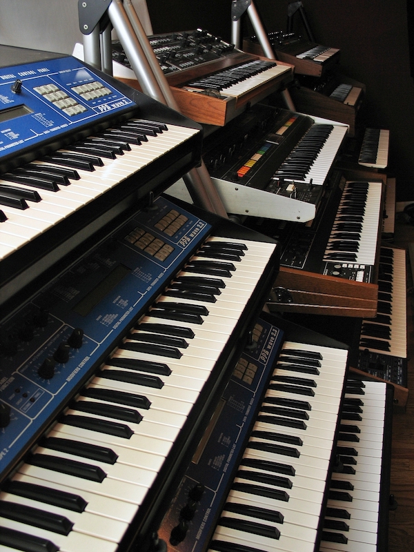 A small portion of Paul Cox’s vintage keyboard collection. PHOTO: Steve Harvey.