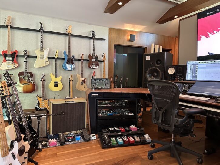 A portion of Bates’ guitar and pedal collection is available and ready at all times in the studio. PHOTO: Piero Gunti.