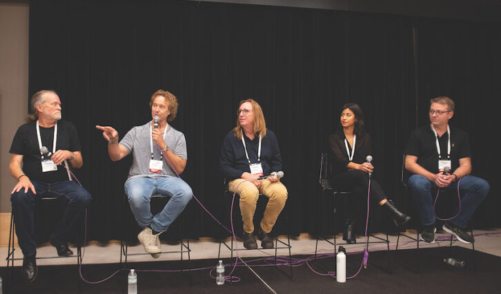 The Mix panel ‘Separate But Equal: The Stereo and immersive Mixes’ featured, from left, Mix co-editor Tom Kenny (moderator), engineer Jeff Balding, producer/engineer Chuck Ainlay, engineer Shani Gandhi and producer/engineer Matt McClure.