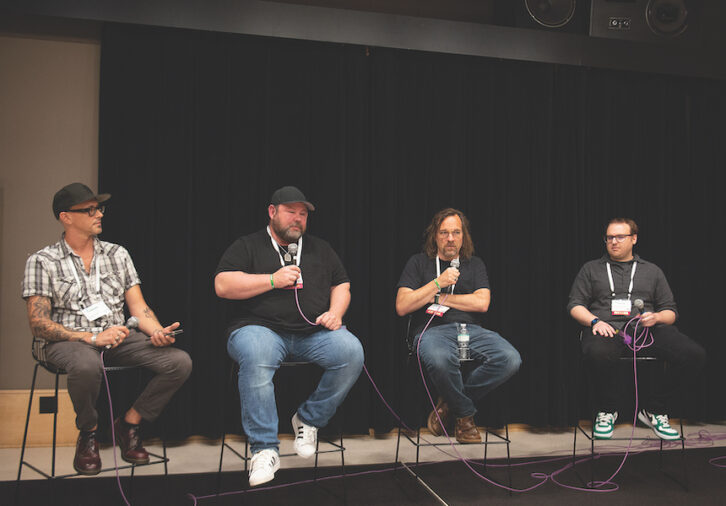 Westlake Pro and Avid hosted a panel titled ‘Creating immersive Mixes,’ featuring, from left: Chad Evans of Westlake Pro, Jeff Huskins of BMG, producer/engineer Mills Logan, and engineer Dustin Richardson.