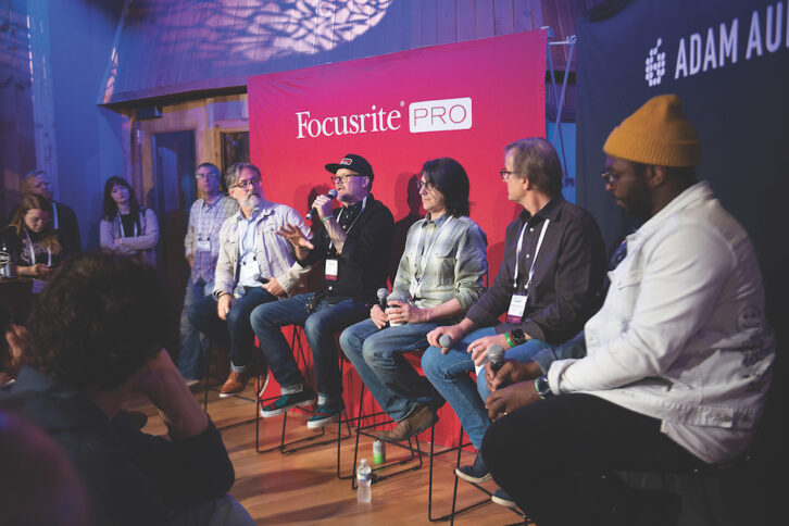 Focusrite Pro and sister company ADAM Audio hosted a series of panels throughout the day at the newly renovated Curb Studios. Pictured, from left: Focusrite Pro’s Dave Rieley, and mastering engineers Pete Lyman, Daniel Bacigalupi, Michael Romanowski and J Clark.
