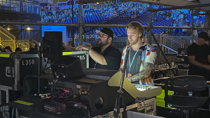 FOH Engineer Taylor Bray (right) manning Dan + Shay’s mix at CMA Fest with assistance from Systems Engineer Chris Bloch (left).
