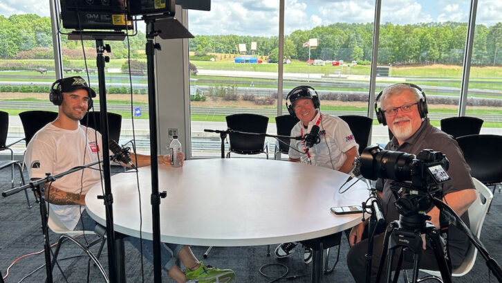 Pictured L-R: Xavi Forés, Supersport racer for MotoAmerica; and hosts Paul Carruthers and Sean Bice, recording an episode of the podcast Off Track with Carruthers and Bice, using Audio-Technica microphones and headphones