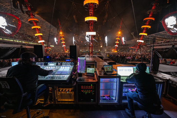 Creating both the FOH and monitor mixes on his DiGiCo Quantum7 console is production director and FOH engineer Chris Marsh (left), joined by audio systems engineer Charlie Albin (right). Photo: Ralph Larmann.