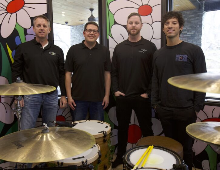 The team behind the Boom Boom Room’s design, from left: Charlie Griffey of Griffey Remodeling; Gavin Haverstick of Haverstick Designs; TJ Bechill of NEAT; and Josh Dun of Twenty One Pilots. PHOTO: Chad Jenkins.