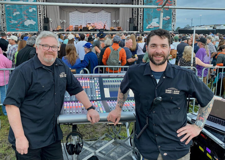 FOH engineer Mark Kennedy (left) worked in tandem with system tech Dan Currie, who kept an eye on the PA of the day. PHOTO: Mark Kennedy.