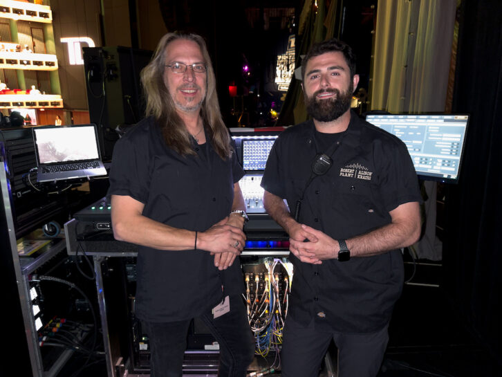 Monitor engineer Chris “Coz” Costello (left) and monitor tech Artie Aymong used a near-telepathy that they first developed while working on Saturday Night Live together. PHOTO: Kirk Hamann.