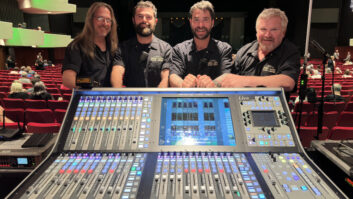 Hanging out at front-of-house on the Robert Plant/Alison Krauss tour were (l-r) monitor engineer Chris “Coz” Costello; monitor tech Artie Aymong; system tech Dan Currie; and FOH engineer Mark Kennedy. PHOTO: Courtesy of Mark Kennedy.