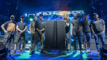 The Dreamsonic tour audio crew (left to right), pictured with an L2 enclosure: Austin Pinkerton (Devin Townsend monitors), Darian Kani-Sanchez (stage technician), James Meslin (Dream Theater monitors), Steve Thom (system engineer), Michael “Ace” Baker (Dream Theater FOH), Igor Stolarsky (Animals As Leaders FOH), Neal Duffy (Animals As Leaders monitors), and Chris Edrich (Devin Townsend FOH)