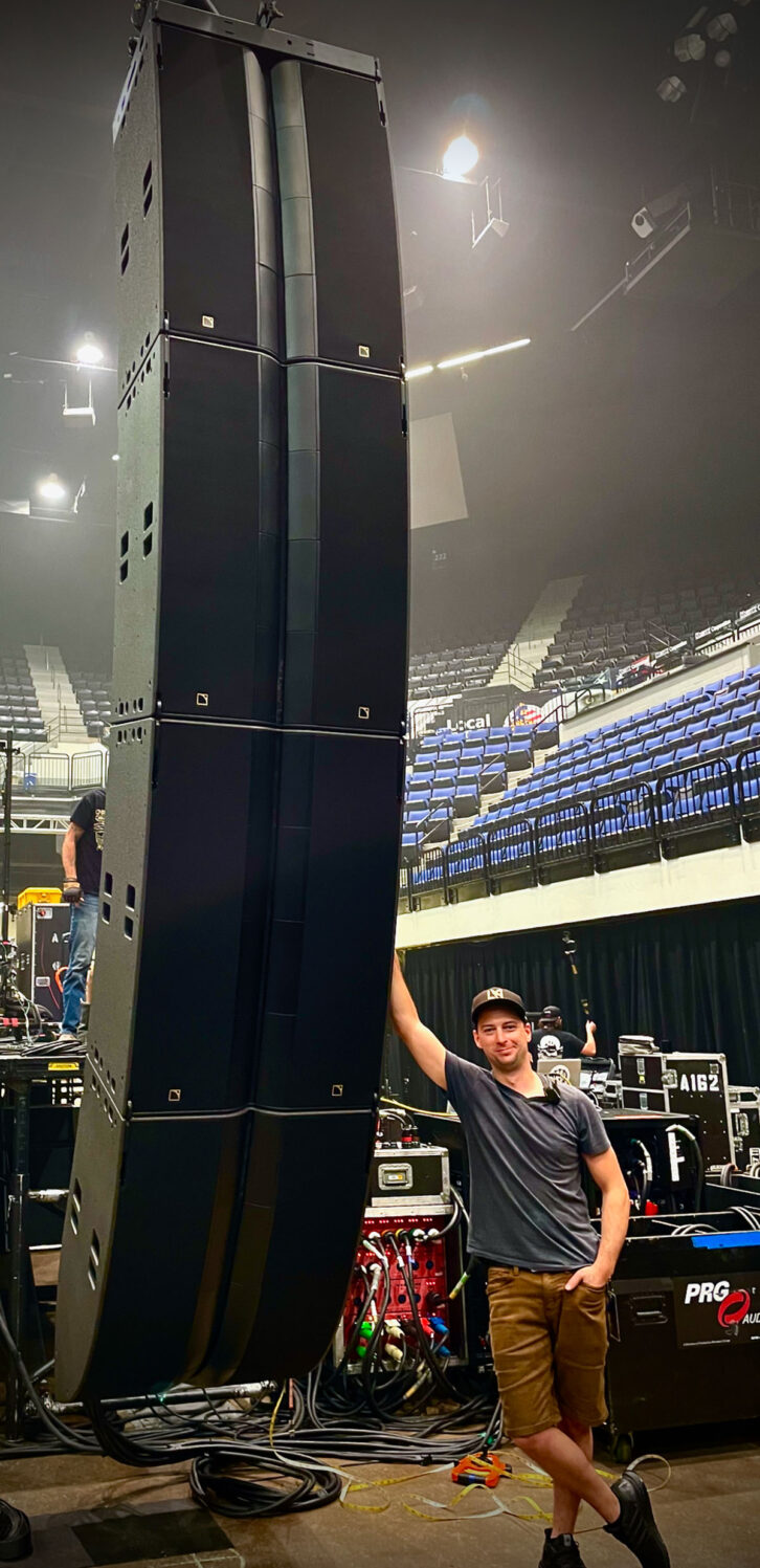 PRG system engineer Steve Thom with one of the Dreamsonic tour’s L Series arrays.