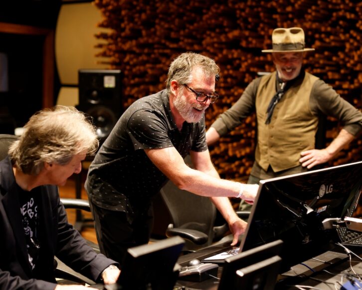 L-R: Bob Clearmountain (mixer), Dave Way (producer/engineer) and Michael Marquart (A Bad Think/producer/engineer) listen to the immersive mix of the artist A Bad Think’s latest LP Short Street, in Studio C of Blackbird Studio, Nashville, TN. Photo by Angela Talley/Red Studio.