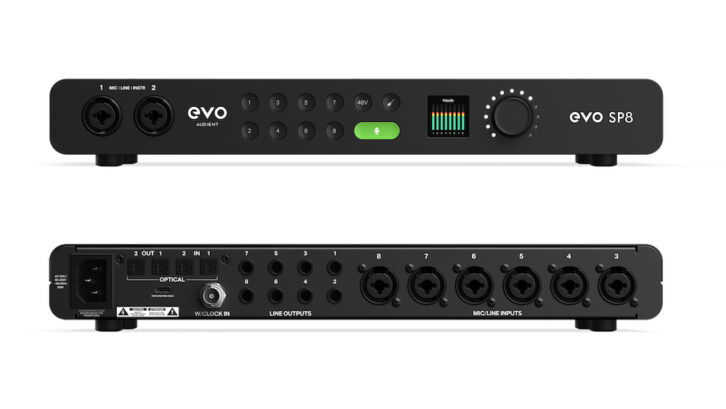 The rear panel hosts six balanced combo jack inputs, eight balanced TRS line outputs, (2) ADAT optical I/O, BNC word clock input, and a USB Type-C port (for firmware updates).