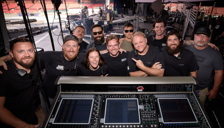 Luke Combs’ live audio team includes (l-r): Michael Zuehsow (Monitor Engineer), Dan McLaughlin (RF Coordinator/Tech), Wesley Hancock (PA/Stage Tech), Emma Berry (PA/Stage Tech), Joseph Lefebvre (Systems Engineer), Caleb Imoden (PA Tech), Michael Grabarczyk (PA/Delay Tech), Jerry Slone (Production Manager), Nick D’Andrea (PA/Stage Tech), Stephen Millet (Crew Chief) and Todd Lewis (FOH Engineer). Photo: David Bergman