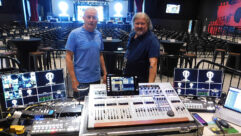 Legendary drummer Carl Palmer (left) and FOH/monitor/ video engineer Steve Supparits pause during soundcheck at the Epic Center in Green Bay, Wisconsin.