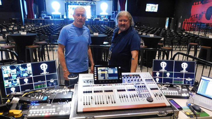 Legendary ELP drummer Carl Palmer (left) and FOH/monitor/ video engineer Steve Supparits pause during soundcheck at the Epic Center in Green Bay, Wisconsin.