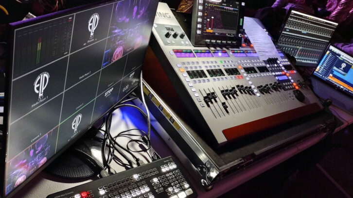 The compact FOH position centers around a Behringer Wing console, video playback via Steinberg Nueno on a laptop, and a pair of Blackmagic Design ATEM Mini Extreme ISO video switchers.