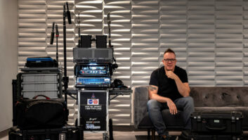 TV production sound mixer Daniel Fontaine-Bégin and his wireless equipment.