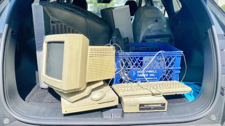 Enroute to e-cycling (l-r) Sony TV, Macintosh LC III; circa-2002 surround sound sub; Yamaha DD-6 in milk crate; circa-1990 SyQuest removable 20MB cartridge hard drive; iMac SE-DV. 