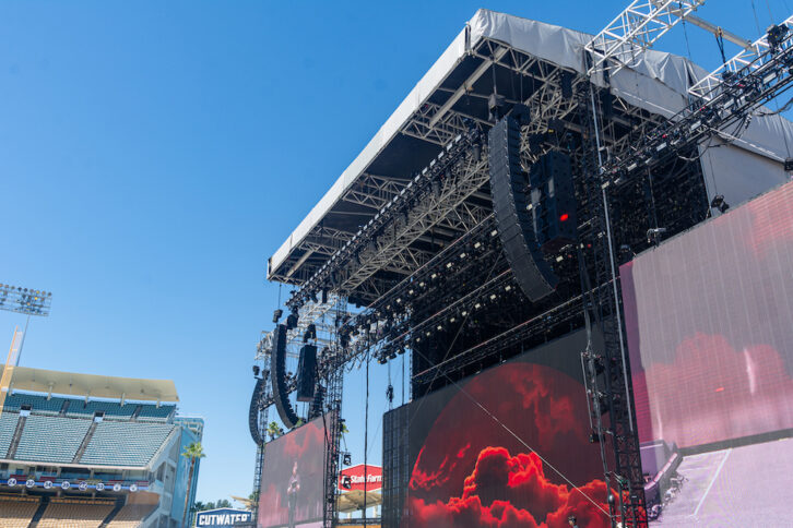 The tour carried 128 Clair Cohesion CO-12 line array modules flown as main and wing hangs, plus outfill where necessary along with three delay towers, with 12 flown CP-218 subs and another 40 on the ground. Photo: Steve Harvey