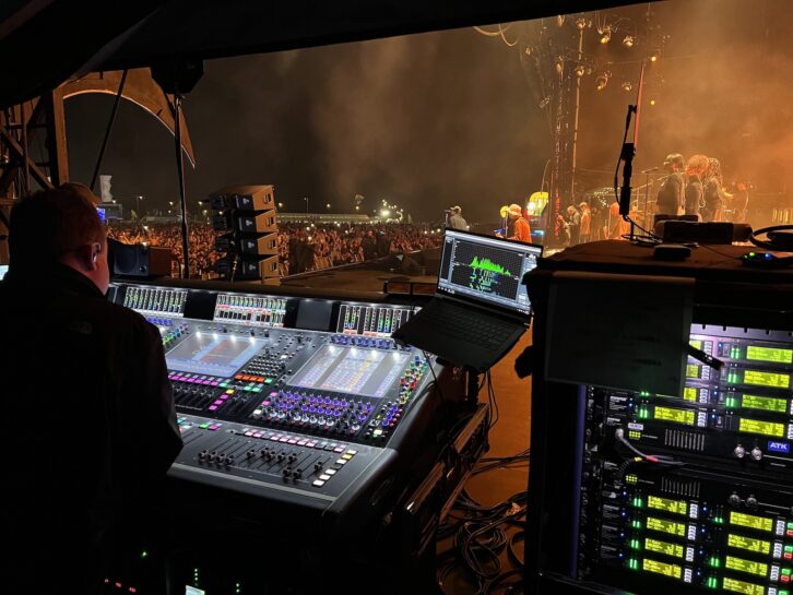 Monitor engineer Bertie Hunter kept an eye on the Skan PA Hire-provided DiGiCo Quantum7 desk on Liam Gallagher's recent tour, including this show at the Boardmasters Festival in Newquay, UK. Photo: Finlay Watt.