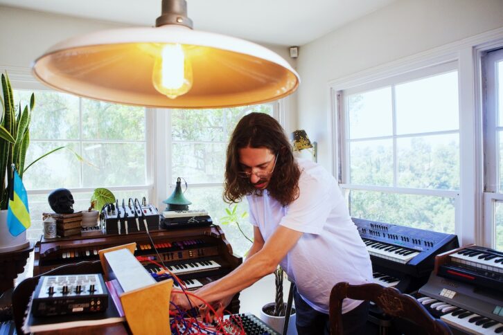 The gear in Lang’s sunny living room will soon populate his under-construction home studio. Photo: Nate Guenther