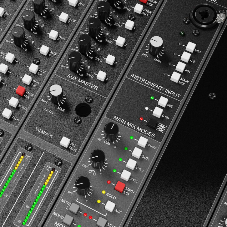A close-up of the Harrison Audio 32Classic Mixing Console.