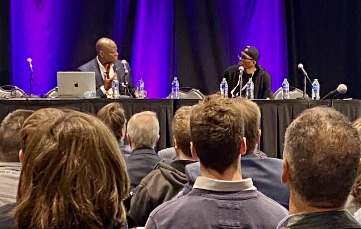 In a keynote conversation before a packed house, legendary hip-hop engineer/founding member of Public Enemy Hank Shocklee (right) shared insights and memories with audio educator/author/artist Prince Charles Alexander.