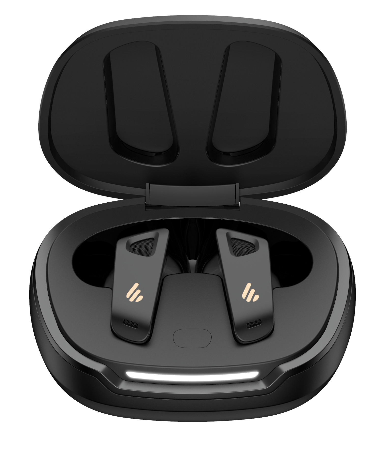 Two black earbuds in a black charging case, both branded with Edifier's logo.