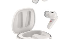 Two white earbuds float above a white charging case, both branded with Edifier's logo.
