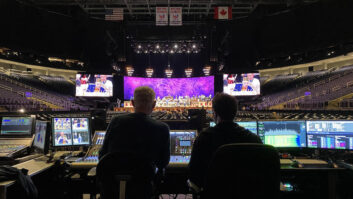 When the Andre Reiu tour hit New York’s UBS Arena, 102-year-old guest saxophonist Dominick Critelli (on screens) sat in with the violinist and his 60-piece orchestra. Photo: Future.