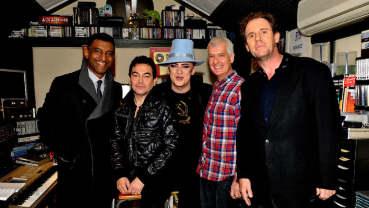 Culture Club reunites in the studio, with producer Steve Levine second from right. Photos: Courtesy of Steve Levine.