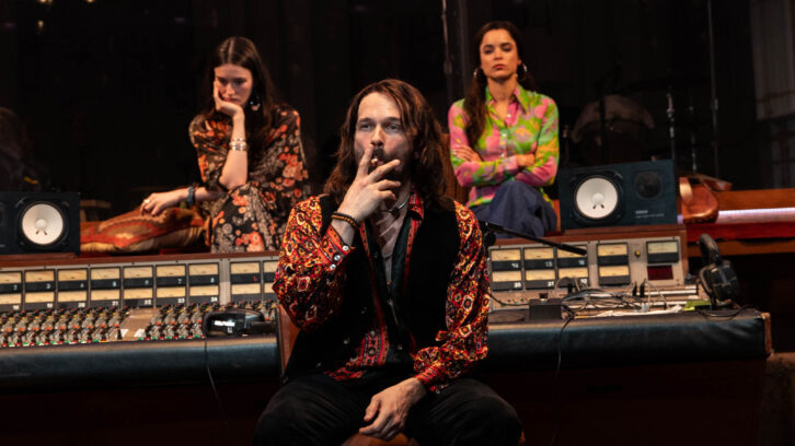 Diana (Sarah Pidgeon), Simon (Chris Stack) and Holly pause during a particularly tense moment in “Stereophonic.” Photo: Chelcie Parry.