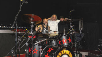 Dave Natale with Guns N' Roses drummer Frank Ferrer and his drum tech, Imy James. Photo: Guilherme Neto/Ron Schilling.