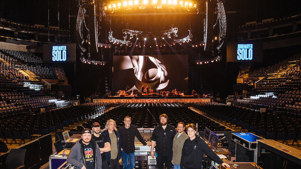 The John Mayer Solo tour audio team: (L-R) Erik Swanson, PA Tech; Michal Kacunel, System Engineer; Sean McAdam, PA Tech; Derek Featherstone, FOH Engineer and CEO of UltraSound; Alex Prichard, Monitor Tech; Ian Dubois, Monitor Engineer; Riley Gajewski, PA Tech. Photo: Thomas Falcone.