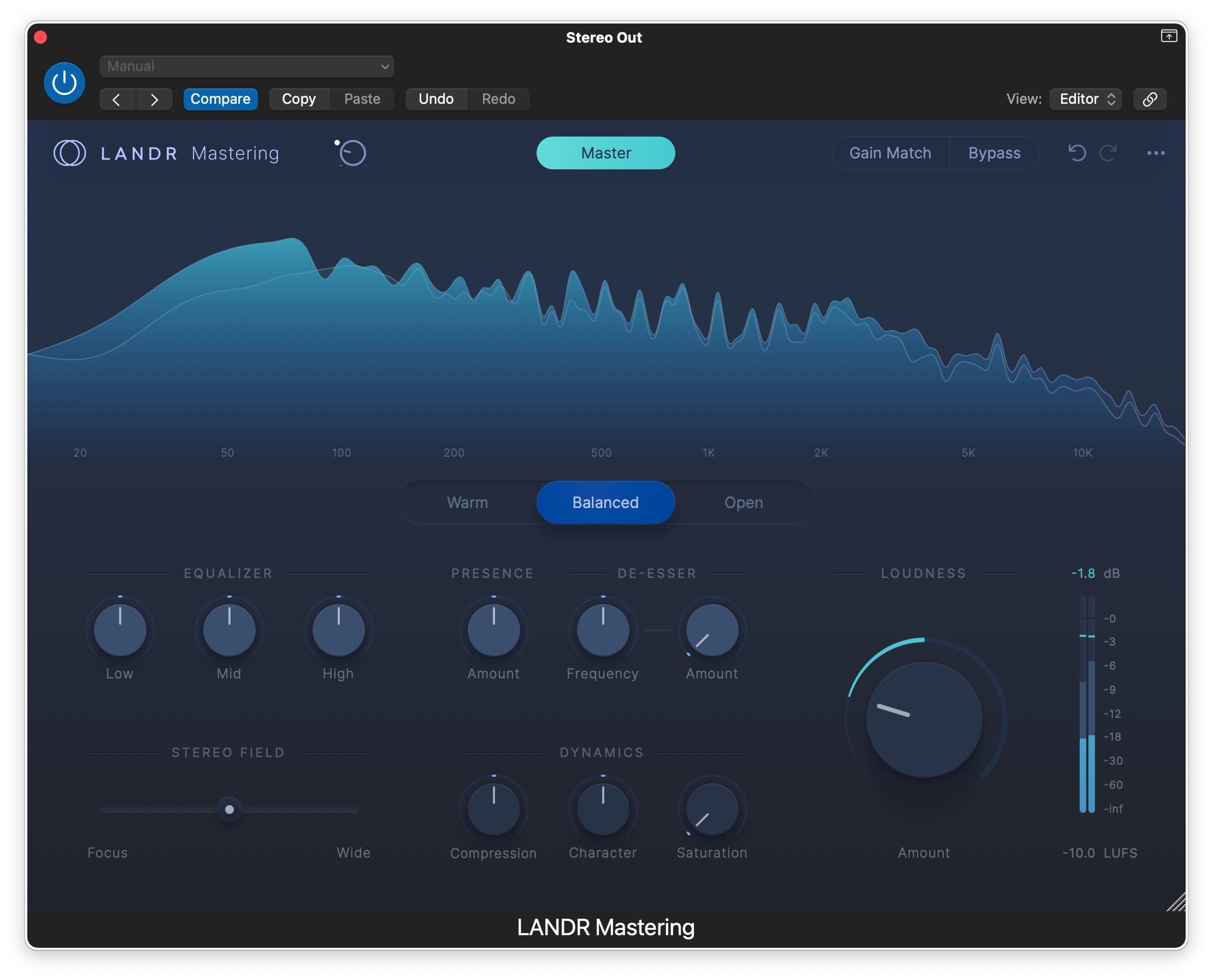 The LANDR Mastering user controls are simple but effective.
