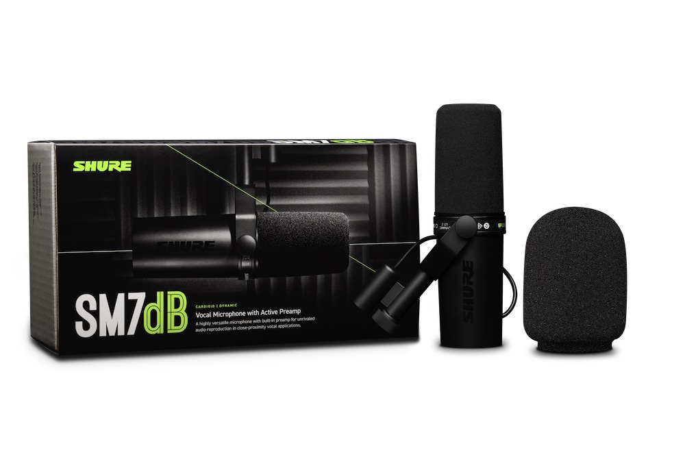 The full Shure SM7dB Dynamic Vocal Microphone package.
