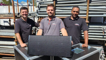 The team at Ultra Events with one of its new d&b AL90 speakers.