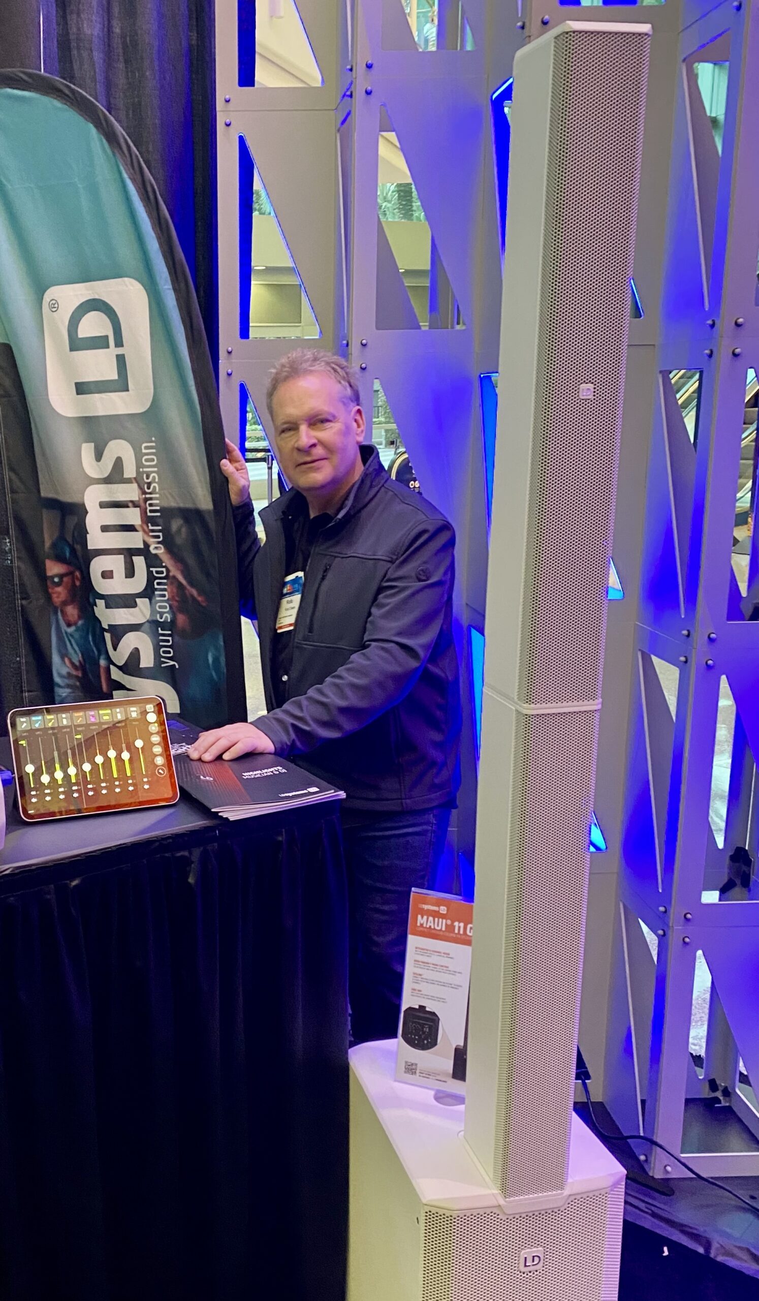 Adam Hall Group may have a big demo room at the show, but that didn’t stop Rob Olsen, Sales director at Adam Hall North America, from taking its LD Systems MAUI 11 G3 MIX column PA systems out to the annual Media Day event before the show opened.