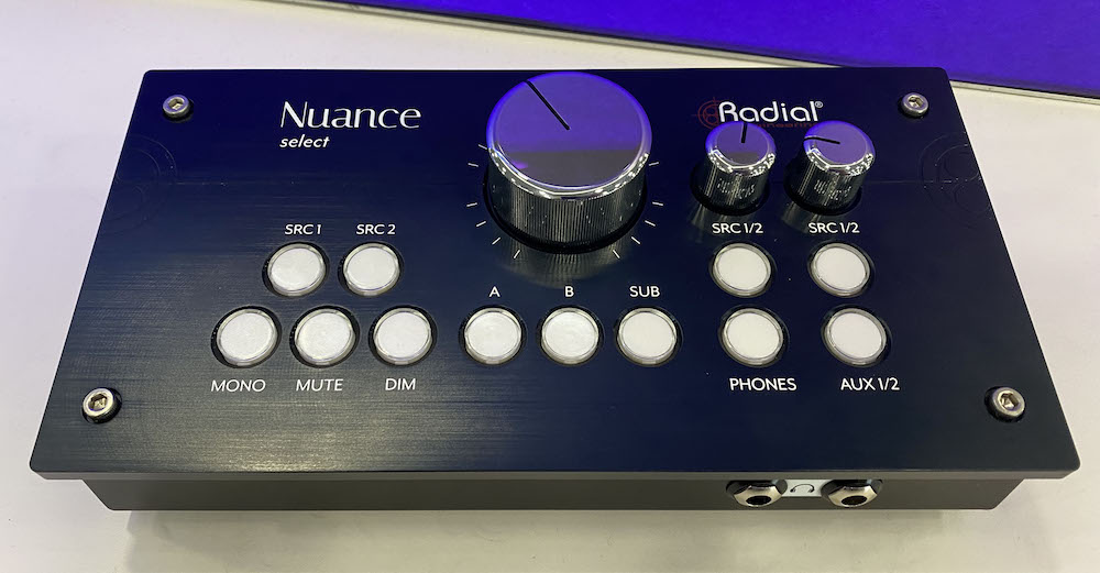 Radial's upcoming Nuance Select premium monitor controller offers ultra-low noise and a clean signal path for switching between two audio sources and two sets of powered speakers. 