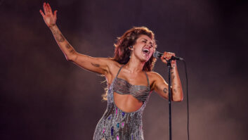 Miley Cyrus belted into a Shure 565SD for “Flowers." Photo by John Shearer/Getty Images for The Recording Academy