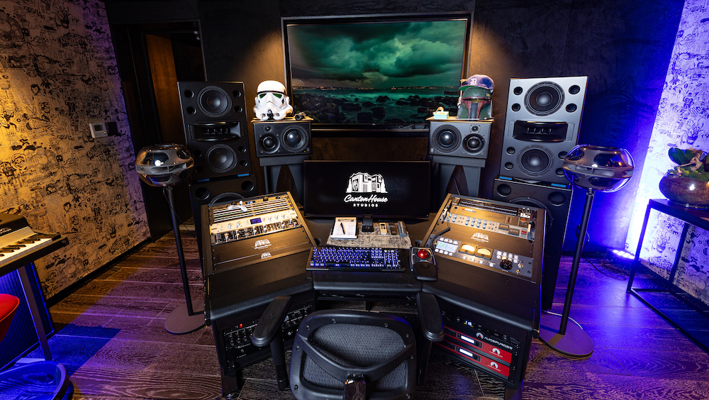 The “Guesthouse” is a Dolby Atmos mix room, with Augspurger stereo mains, a pair of ATC SCM25 nearfields, and four Syng Cell Alpha units with Triphonic audio for immersive playback