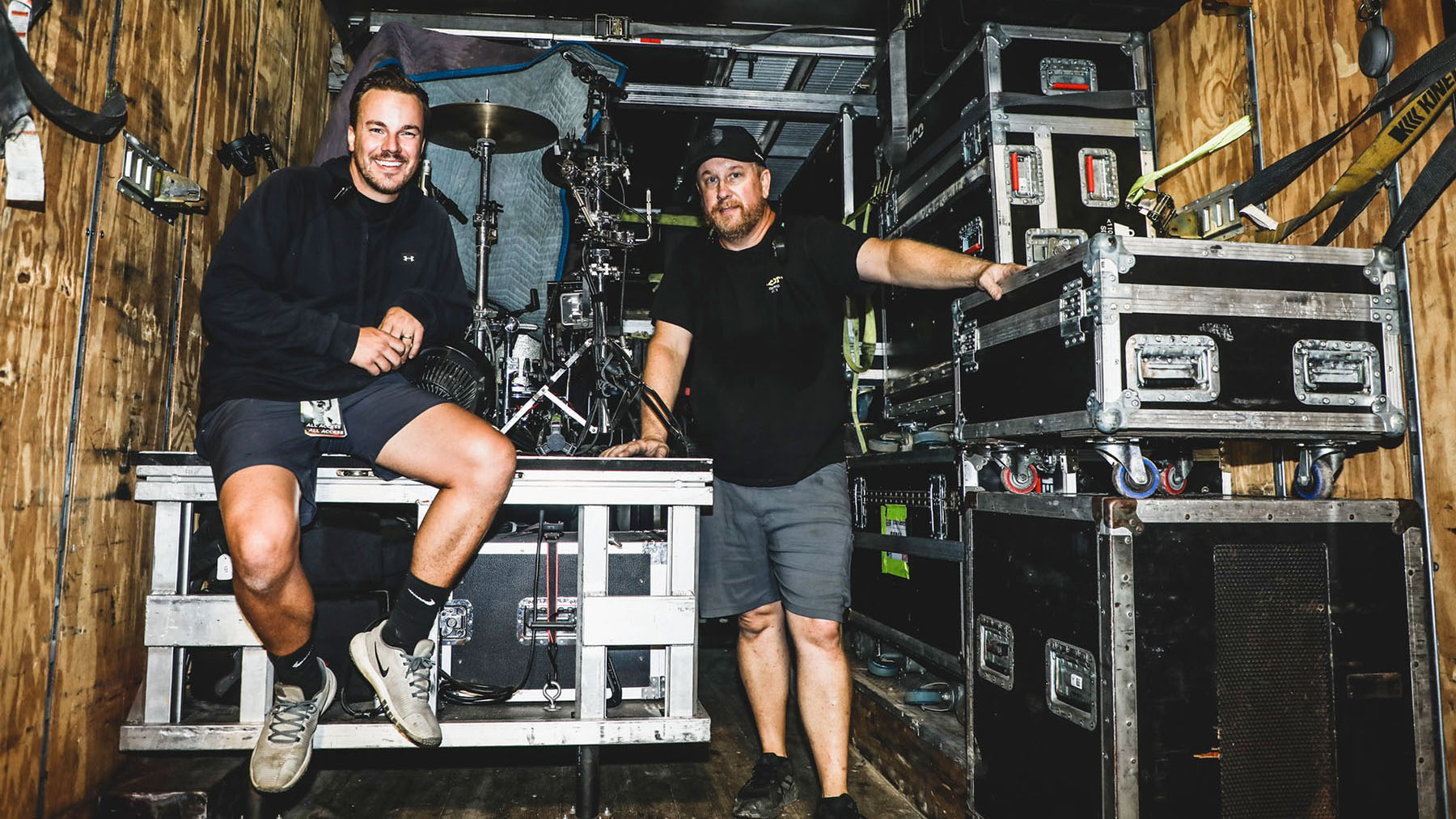 FOH engineer Brayden Dana (left) and production manager/monitor engineer double-check the perfectly packed trailer. PHOTO: Cameron Packee