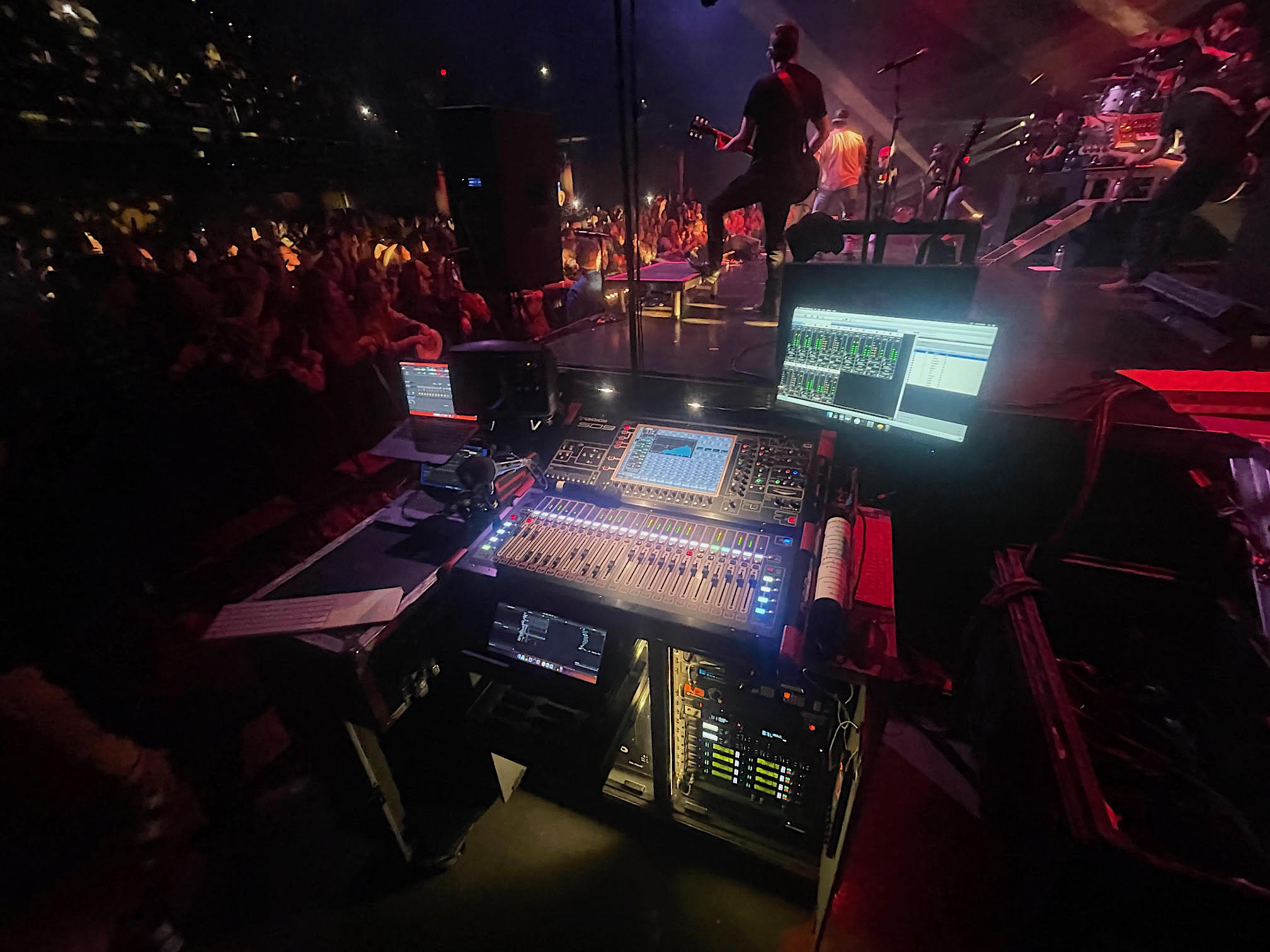 Both monitorworld, seen here, and the FOH position are centered around DiGiCo SD9 consoles that share an SD-Rack on an Optocore fiber loop. PHOTO: Jason Bjerg