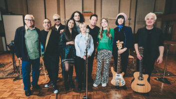 Musicians and Future Youth artists from the Jullian Lennon “Saltwater” project, in United Studio A, from left, Steve Porcaro, Dave Shul, Jim Keltner, Sereena, Hadron Sounds, Jenna Marie, Julian Lennon, Tausha, Eva Gardner, and Laurence Juber.