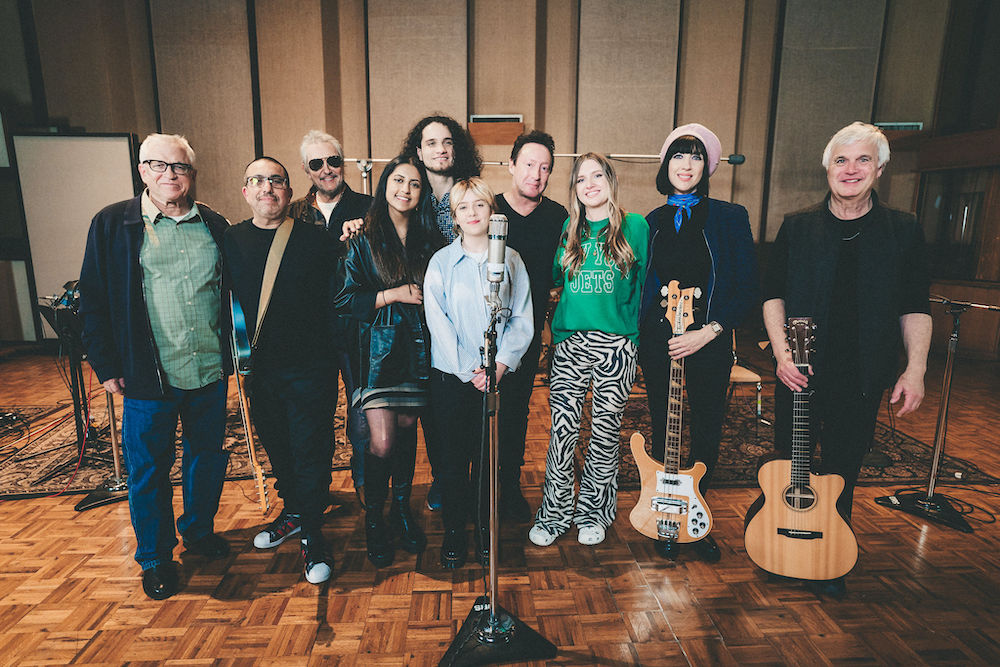 Musicians and Future Youth artists from the Jullian Lennon “Saltwater” project, in United Studio A, from left, Steve Porcaro, Dave Shul, Jim Keltner, Sereena, Hadron Sounds, Jenna Marie, Julian Lennon, Tausha, Eva Gardner, and Laurence Juber.