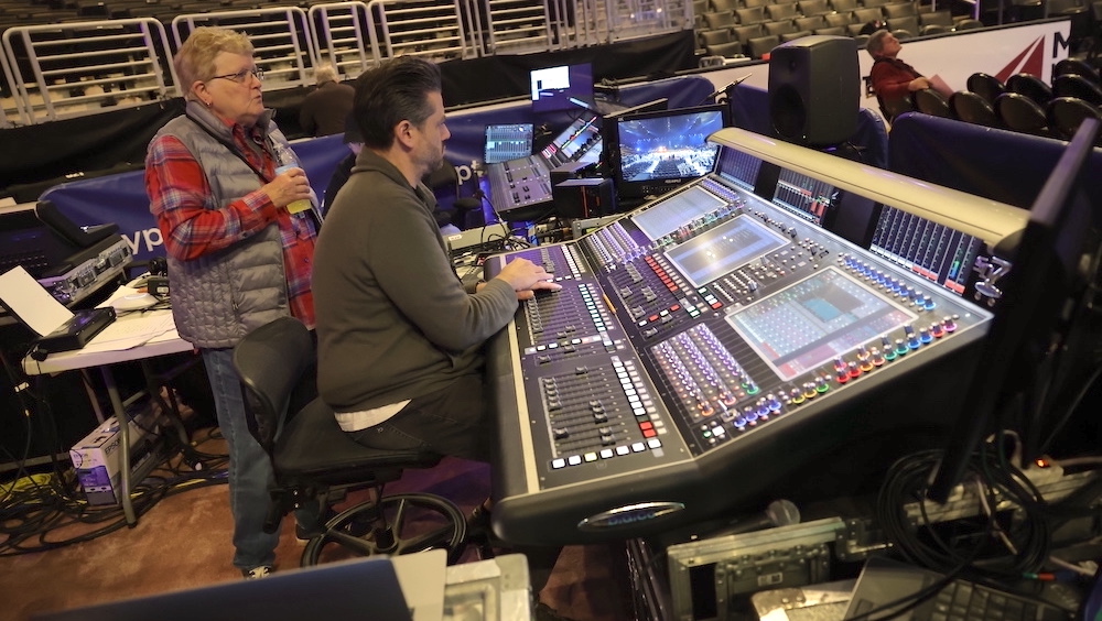 Leslie Ann Jones, Grammy telecast advisor for house audio and director of music and scoring at Skywalker Sound, left, and FOH music mixer Jamie Pollock at the DiGiCo Quantum 7 console. Photo: Courtesy of The Recording Academy/Getty Images. Photograph by Kevin Winter.