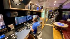 Lead mix engineer Pietro Rossi works on a Dolby Atmos mix inside the John Lennon Educational Tour Bus. Photo: Clive Young/Future.