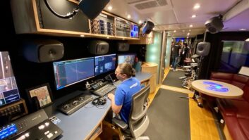 Lead mix engineer Pietro Rossi works on a Dolby Atmos mix inside the John Lennon Educational Tour Bus. Photo: Clive Young/Future.