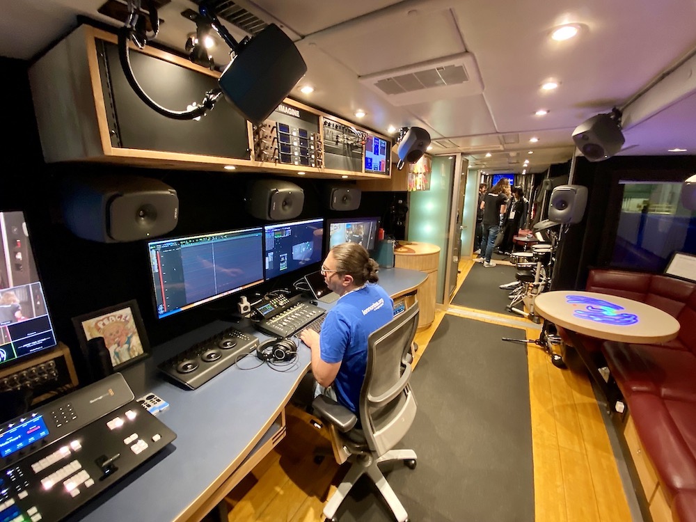 Lead mix engineer Pietro Rossi works on a Dolby Atmos mix inside the John Lennon Educational Tour Bus. Photo: Clive Young/Future.